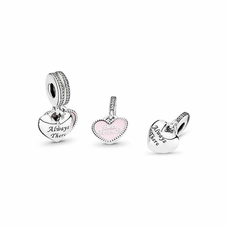 Pandora Best Friends Dangle Charm Ireland - Sterling Silver Oxidised/Enamel/Pink/Cubic Zirconia - 43